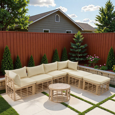 7 Pieces Outdoor Patio Rattan Sectional Sofa Set With Thick Cushions, Pillows, Hollow Woven Design And Adjustable Feet