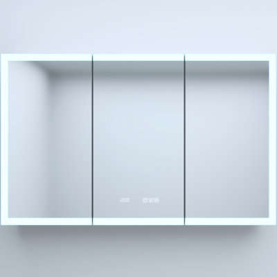 48 In. W X 30 H Rectangular Silver Aluminum Medicine Cabinet With Led, Clock, Adjustable Tempered Glass Shelves, Hidden Opening, Silent Hinges, Dimmable Led And Inside Auto - Sensing Recessed/Surface
