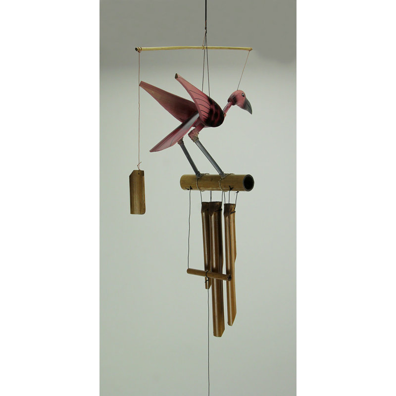 Kinady tropical 4-tube hand-carved wood and bamboo hand-painted pink flamingo bobbing head wind chime — 42.25 in. H x 15 in. L x 7.75 in. W