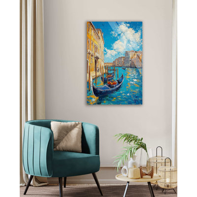 Venice Canal Gondola Scene Tempered Glass Wall Art, Impressionist Italy Cityscape Decor - Vibrant Blue Water Painting, Large Modern Office Gift
