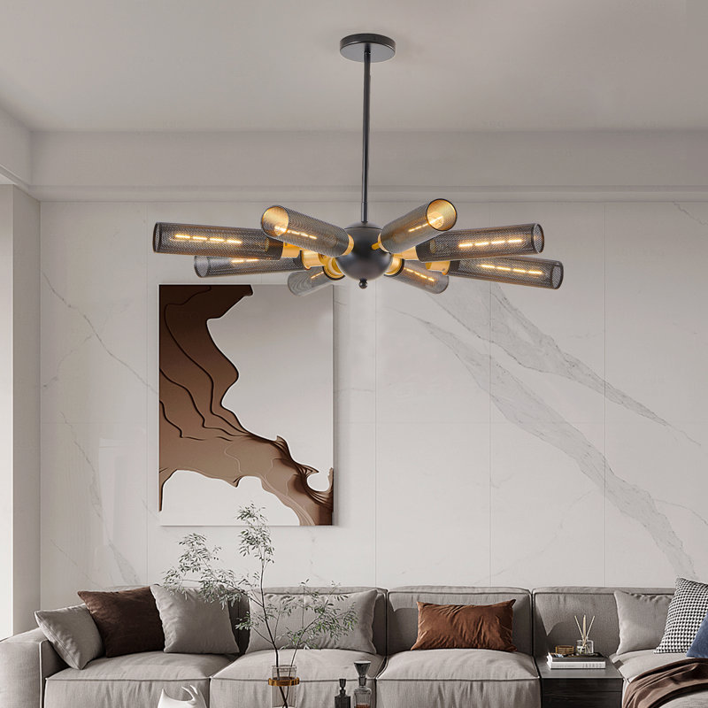 Lustre - Spoutnik de style industriel de 34 po de diamètre, configuration à 8 lumières en finition noire et en métal doré avec abat-jour en maille, avec base d'ampoule E26, avec fonction de hauteur réglable