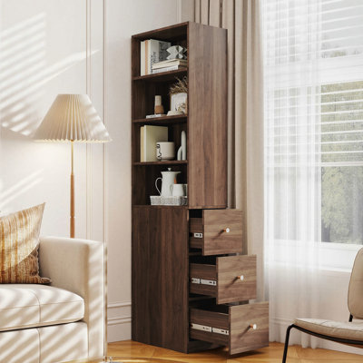 Grande bibliothèque moderne minimaliste, armoire de rangement autoportante de 71 pouces avec 4 tablettes et 3 tiroirs latéraux, organisateur de présentation en noyer / blanc pour le bureau du salon