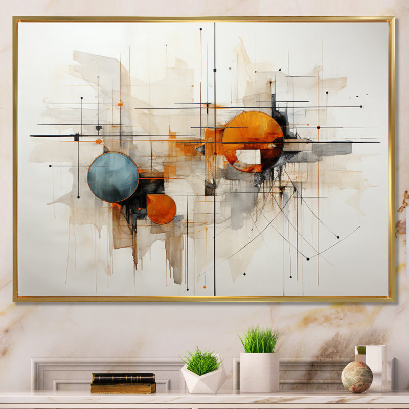 Teal Orange Line Art Conceptual Abstracts I - Art mural pour salon, Cadre flottant doré, H 30 po x l 40 po x P 1,5 po
