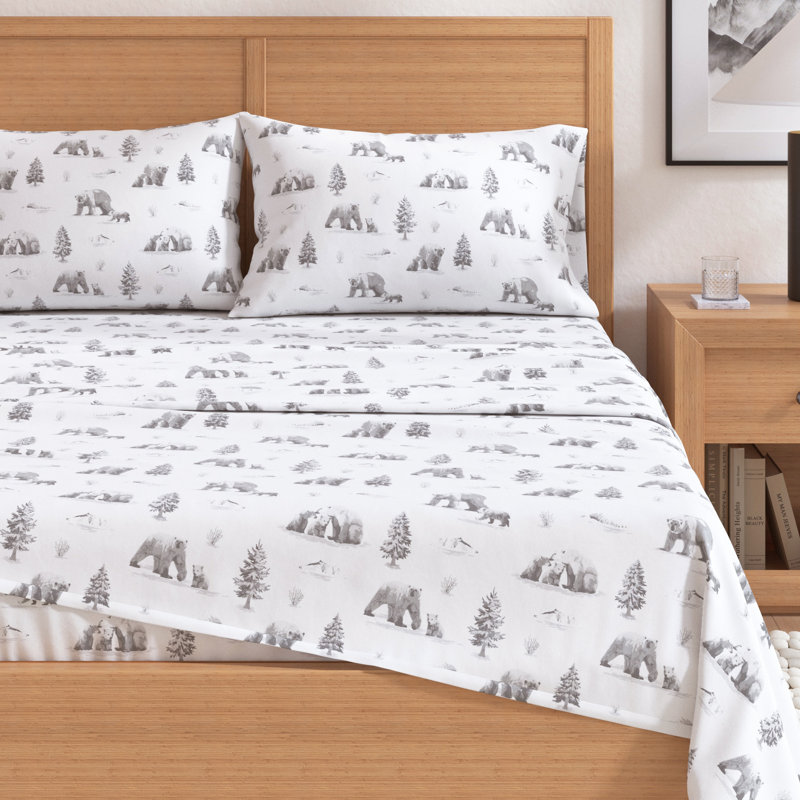 Gray Cotton Flannel Full Sheet Set with Polar Bear Print