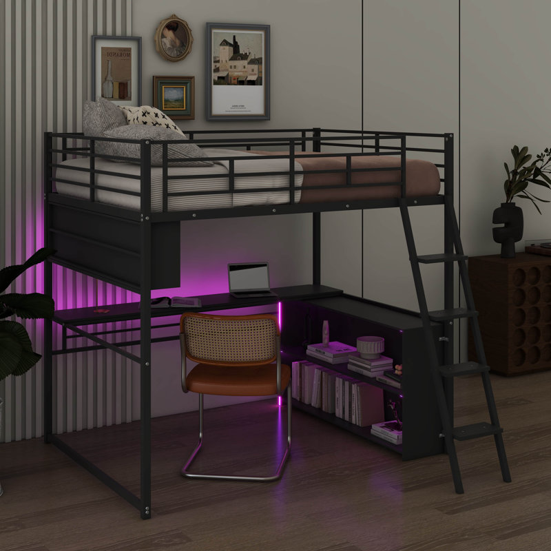 Modern Metal Loft Bed With Integrated LED Lighting, Study Table, And Quad Storage Shelves, Full