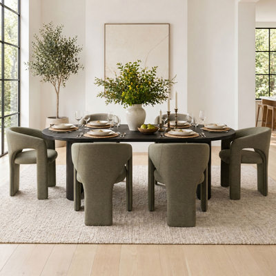 7-Piece Modern Black Oval Dining Table Set For 6 With Upholstered Dining Chairs