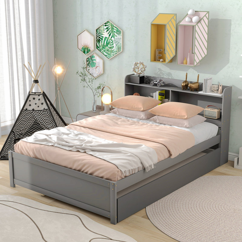 Engeliene Wooden Bed with Trundle,Storage Bed Frame with Bookcase, Gray, Full