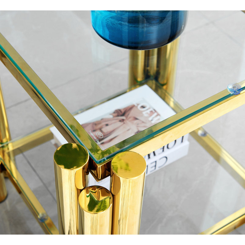 Square Stainless Steel End Table, Double-Layer Tempered Glass With Hidden Storage, Gold