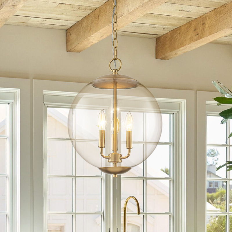 Suspension moderne à globe en verre transparent à 3 lumières
