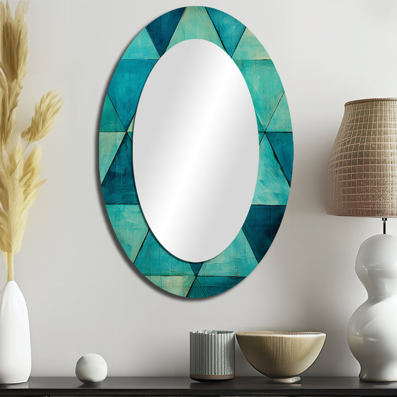 Triangles turquoise - Miroir décoratif ovale abstrait sur métal, 36 po x 24 po