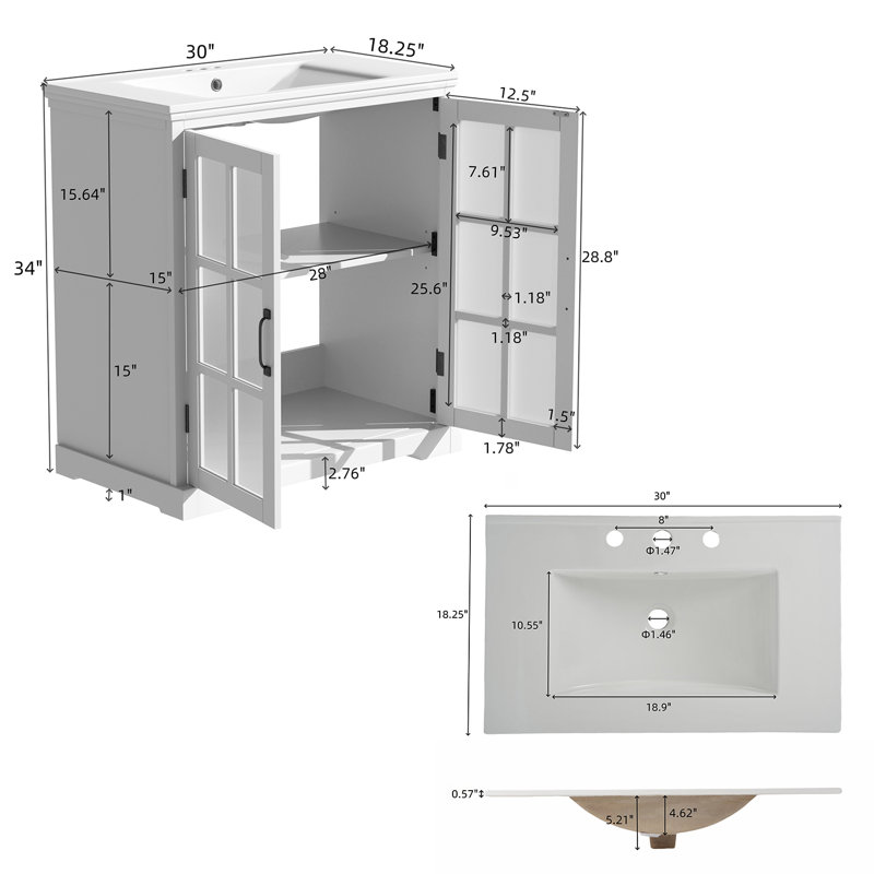 30" Modern Bathroom Vanity With Ceramic Sink And Frosted Tempered Glass, White