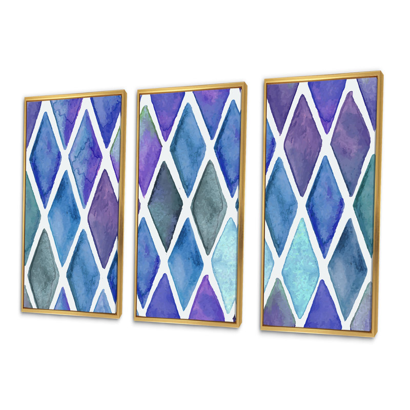 Blue and Purple Diamonds - 3 pièces, reproduction sur toile, H 28 po x l 36 po x P 1 po, Cadre doré