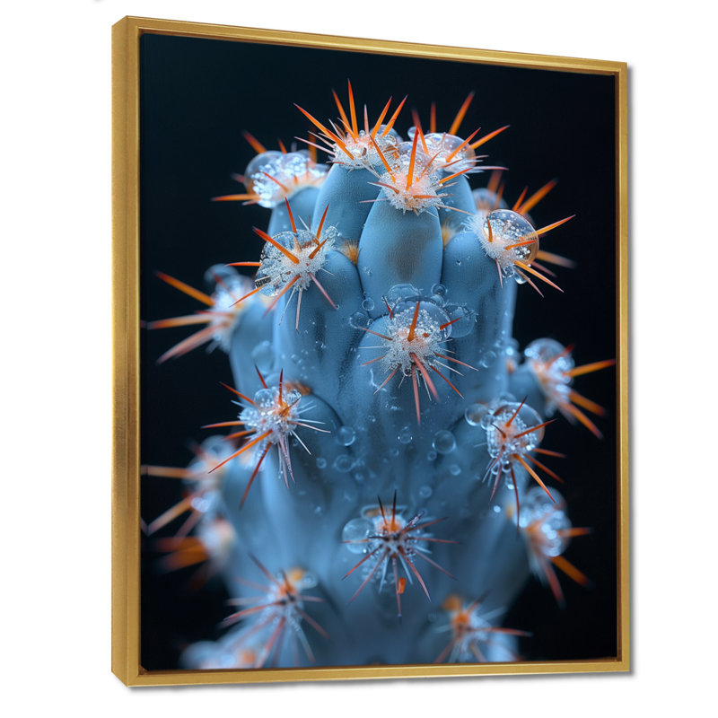 Cactus monochrome orange, bleu, désert, lueur I - cactus floral, salon, Toile avec cadre flottant or