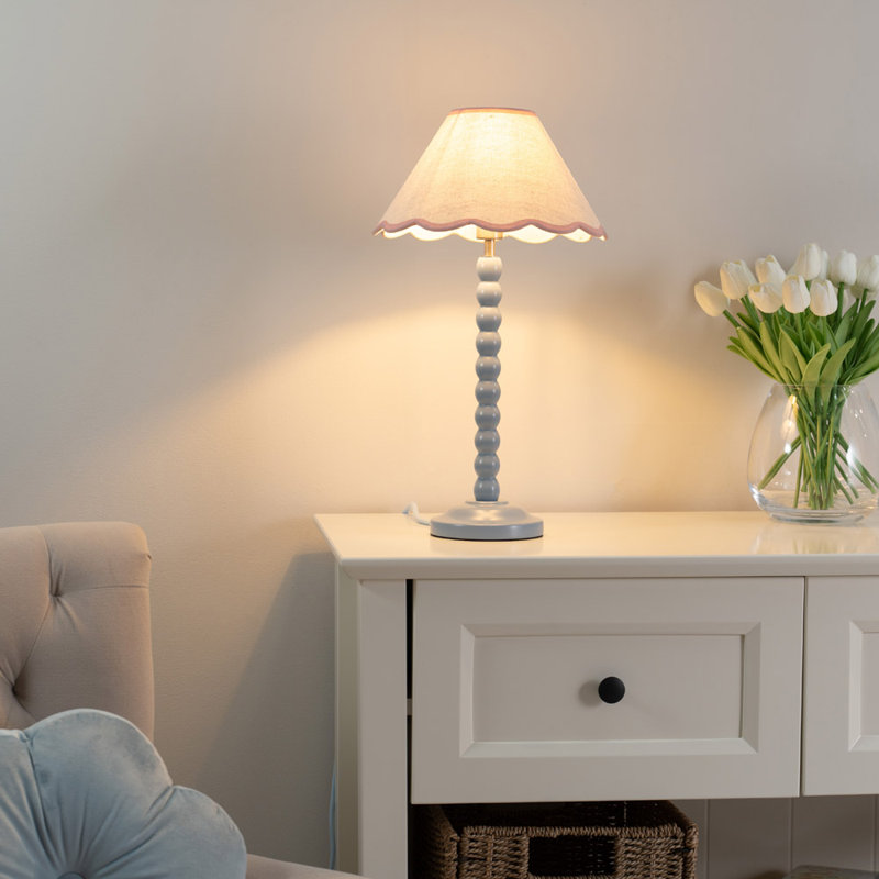 Nephi Bobbins Painted Table Lamp with Tapered Natural Linen Trim Scallop Shade, Yes, Blue, Natural Linen with Pink Trim