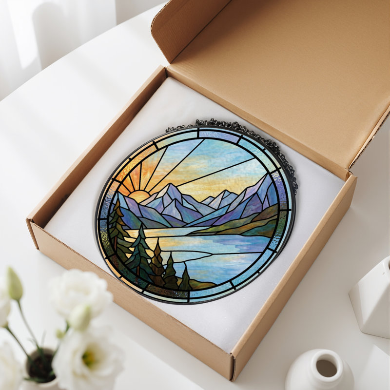 12"H Mountain Lake Stained Glass Window Panel, 12" H x 12" W
