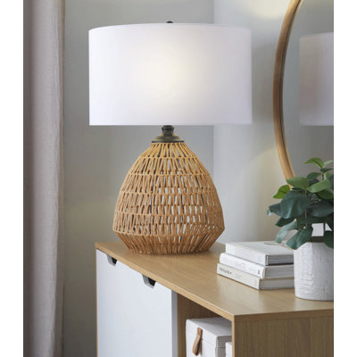 Congo 29" Contemporary Rattan Table Lamp In Natural Rope Rattan, Matte Black Metal And White Linen Shade From Grandview Gallery