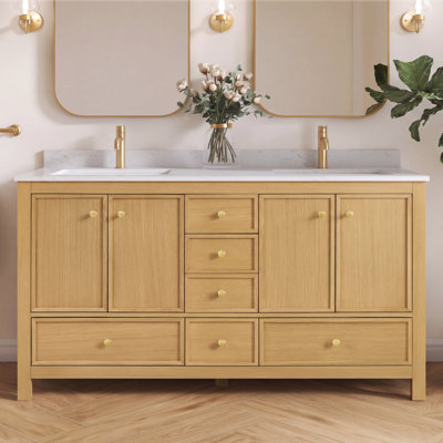 Meuble-lavabo double 60 po avec plateau en marbre d'ingénierie Aura