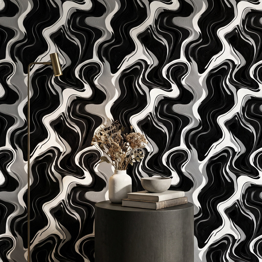 Wrought Studio™ Abstract Wallpaper Wavy Monochrome Wall Mural | Wayfair