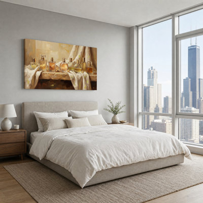 Amber Glass Perfume Bottles on Draped Surface Canvas Wall Art