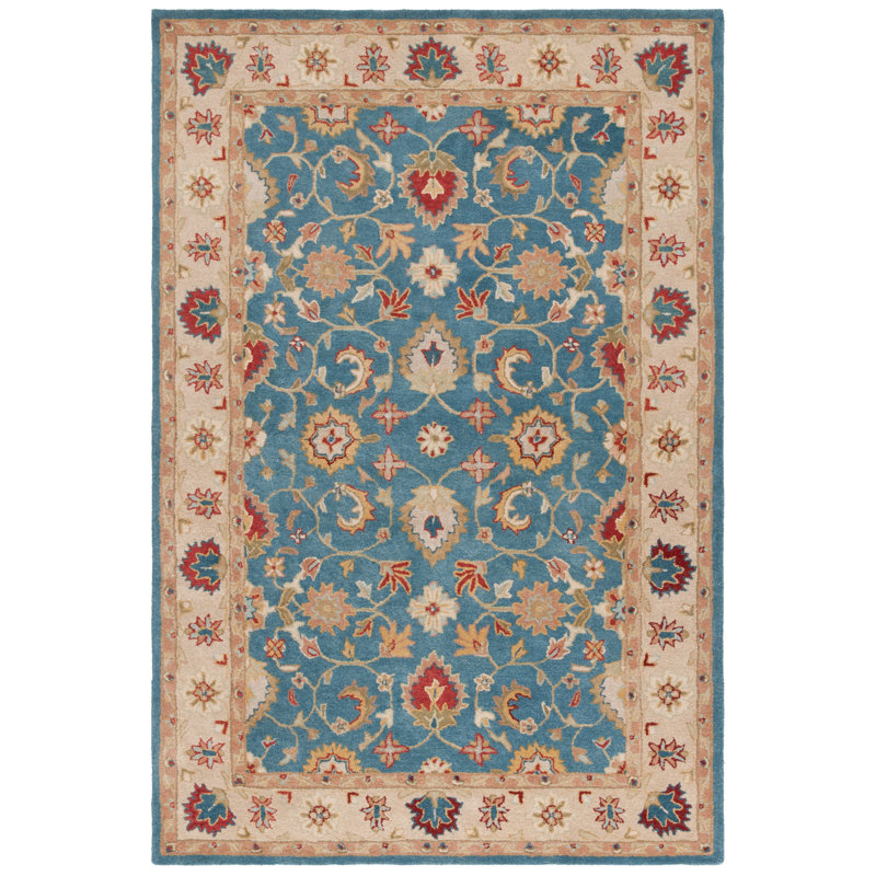 Antiquity Inspired Blue and Beige Handmade Wool Area Rug - 7'6" x 9'6"