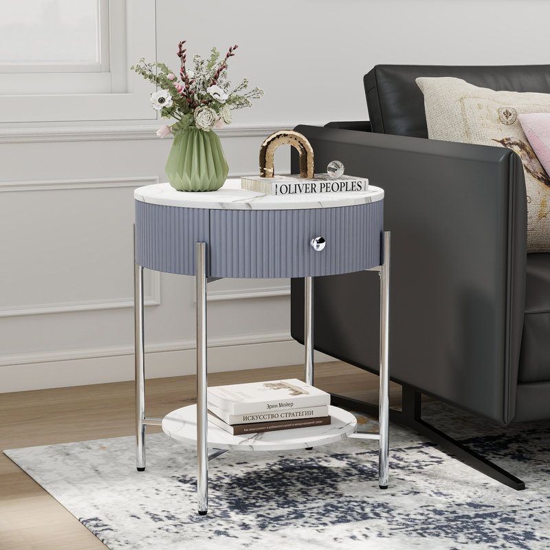 Woodville Side Table with Storage, Chrome, Calacatta White