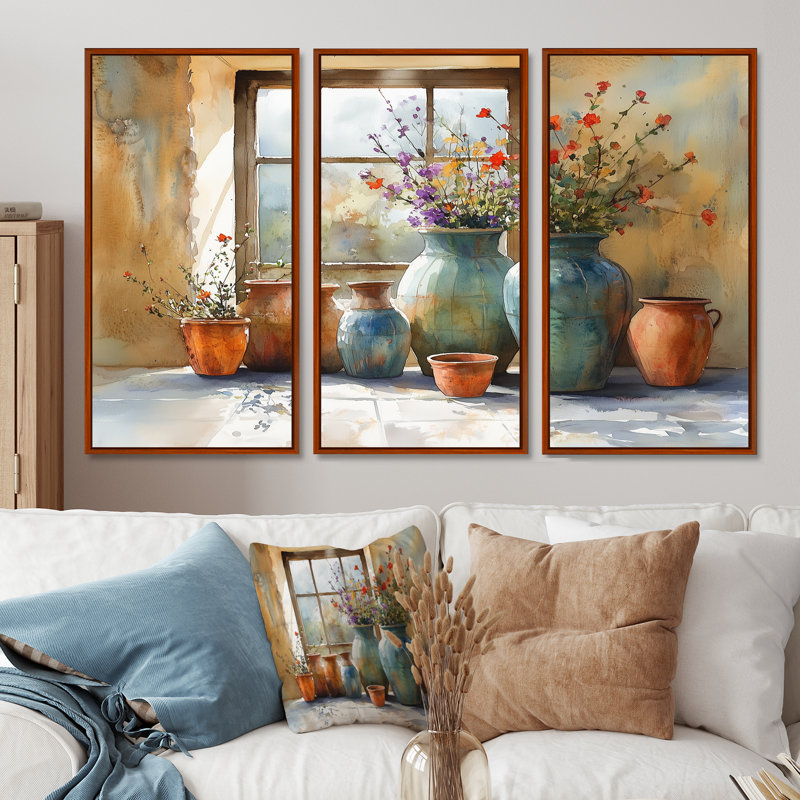 «Farm Pottery Earthy Treasures I - Boho Pottery», ensemble de reproduction d'art mural, Toile avec cadre flottant brun