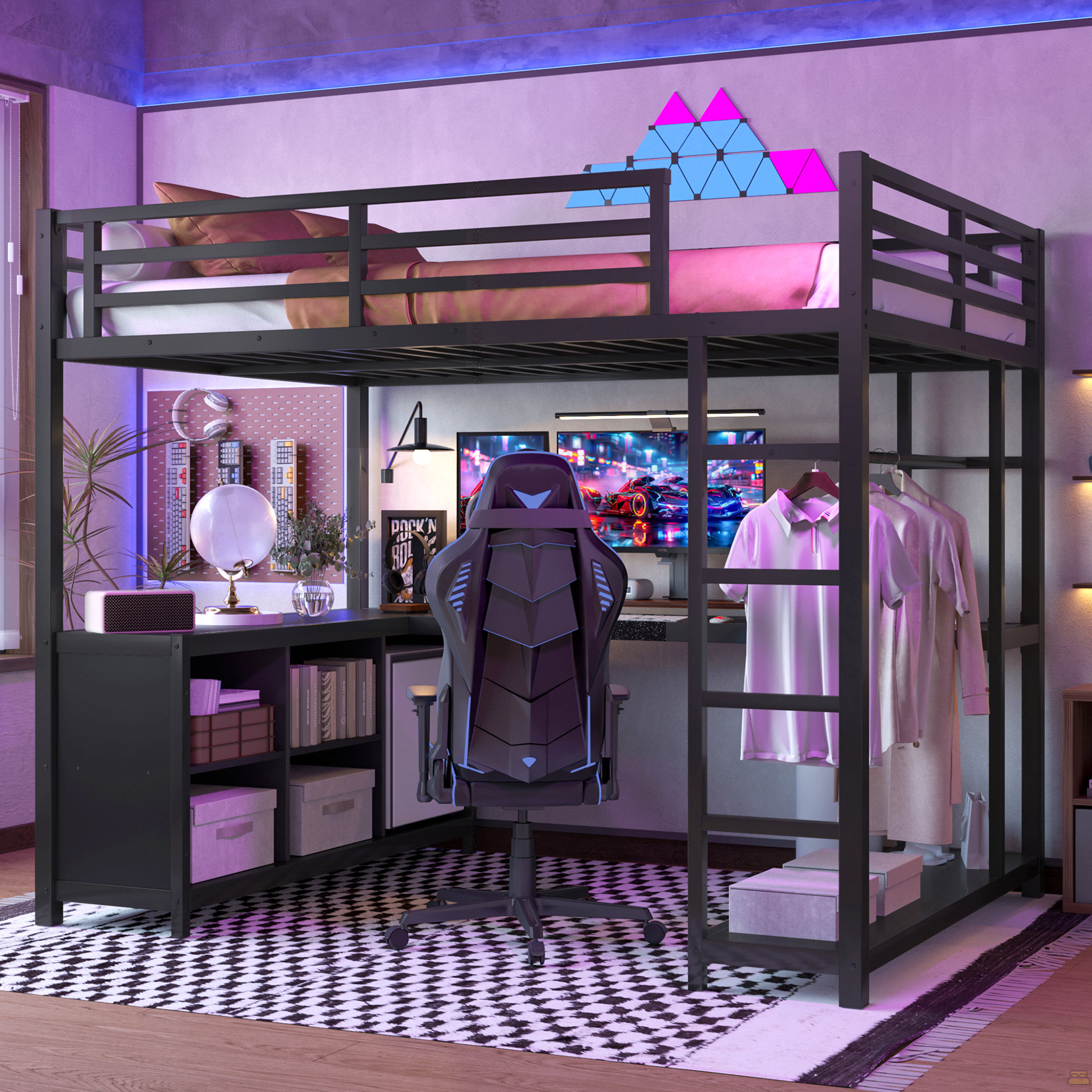Trent Austin Design Metal Loft Bed With Wardrobe And L-Shaped Desk ...