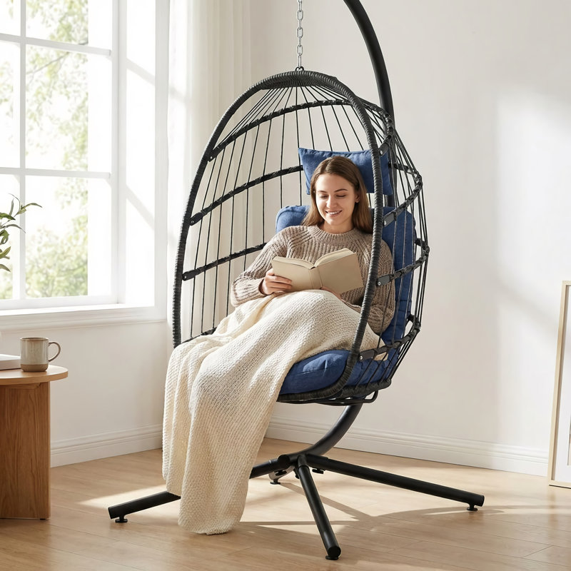 Balancelle en tissu PE rotin et en tissu avec support, capacité de 350 lb Ecolistro, Bleu foncé/noir