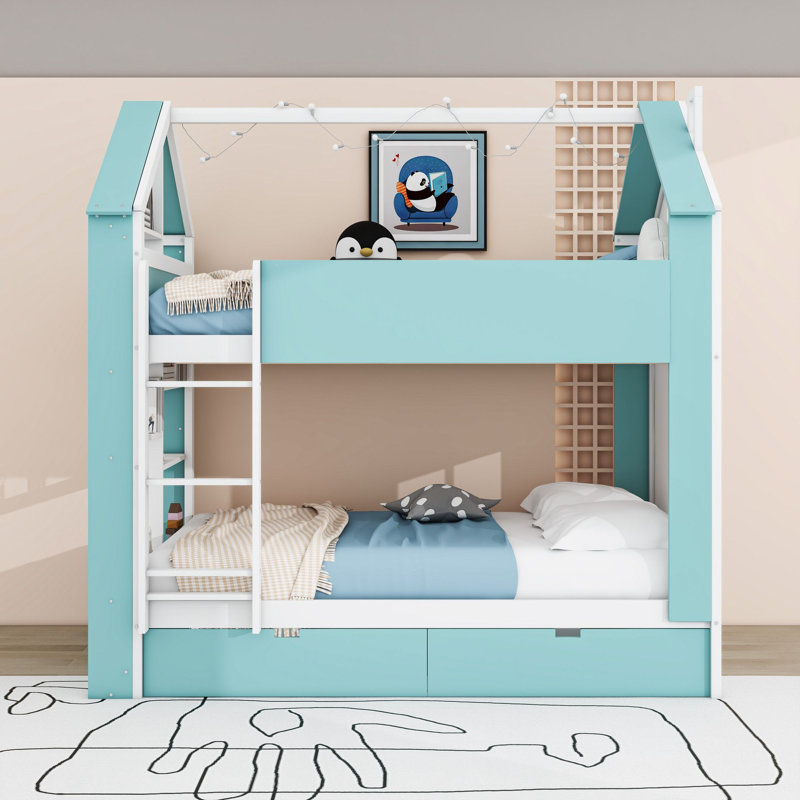 Lit superposé double au-dessus de double avec tablettes, bande lumineuse à DEL intégrée et garde-corps, Bleu blanchi