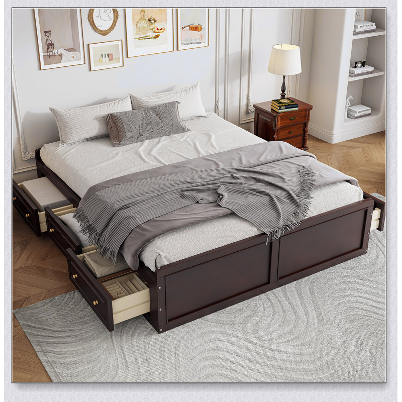 Structure de lit plateforme en bois avec 6 tiroirs, Espresso