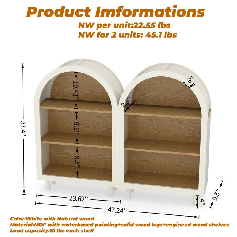 Arched 3-Tier Nightstand with Shelves, 24 Inch White Wood Bedside Cabinet for Bedroom Storage and Display