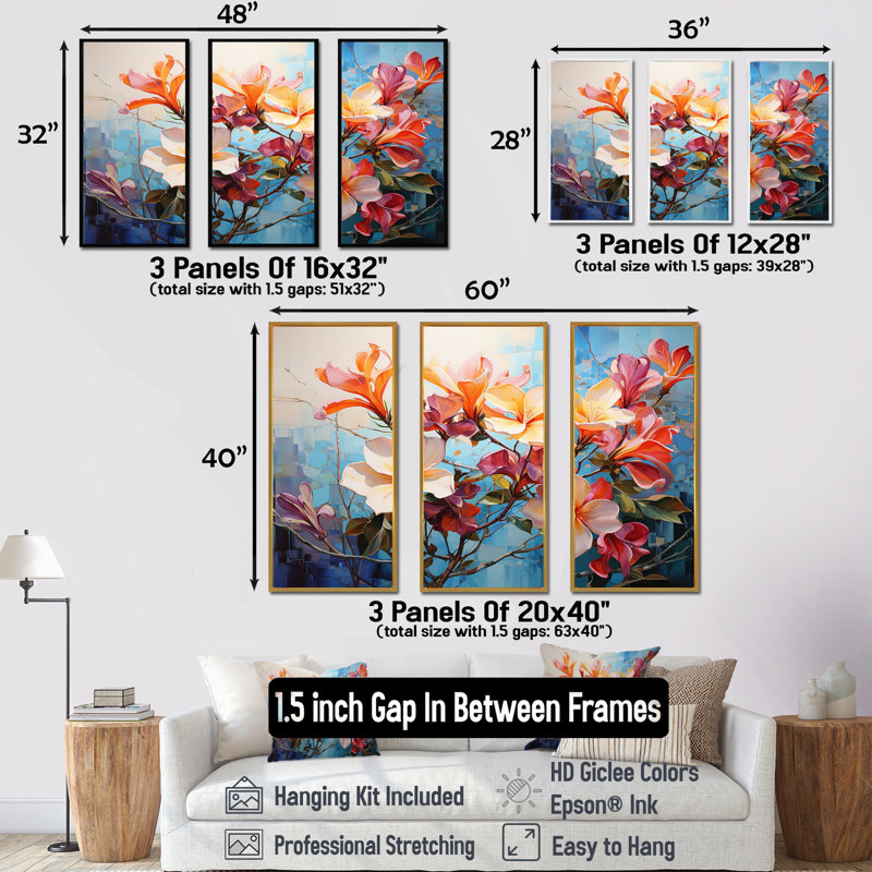 Floral Grace In Plumeria Harmony I - Ensemble de décoration murale Plumeria, Cadre flottant doré, H 32 po x l 48 po x P 1 po