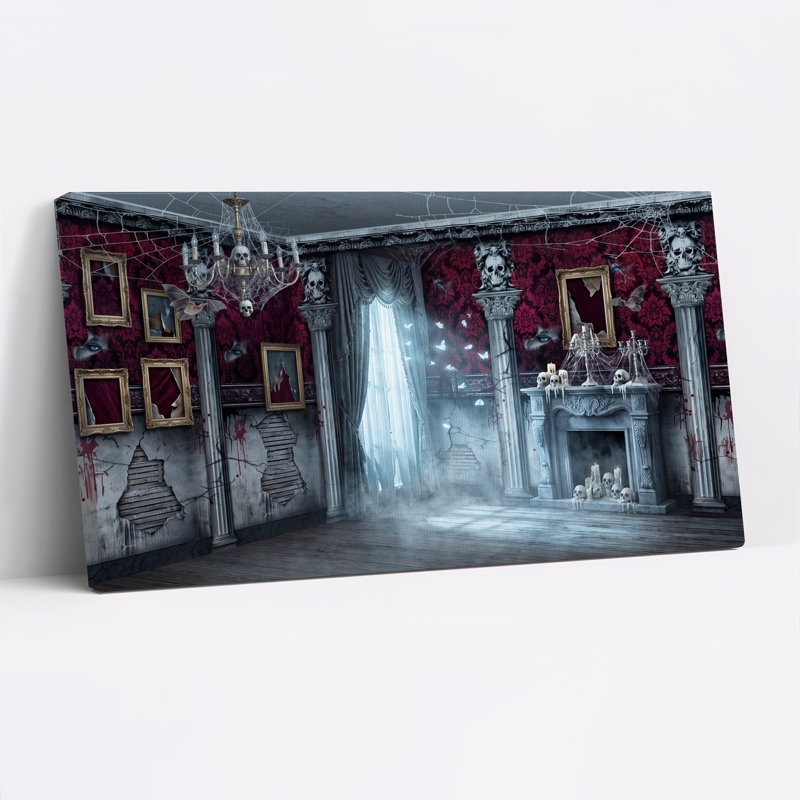 Toile gothique avec papier peint rouge et crânes d'Halloween, art mural, L 20 po x H 10 po