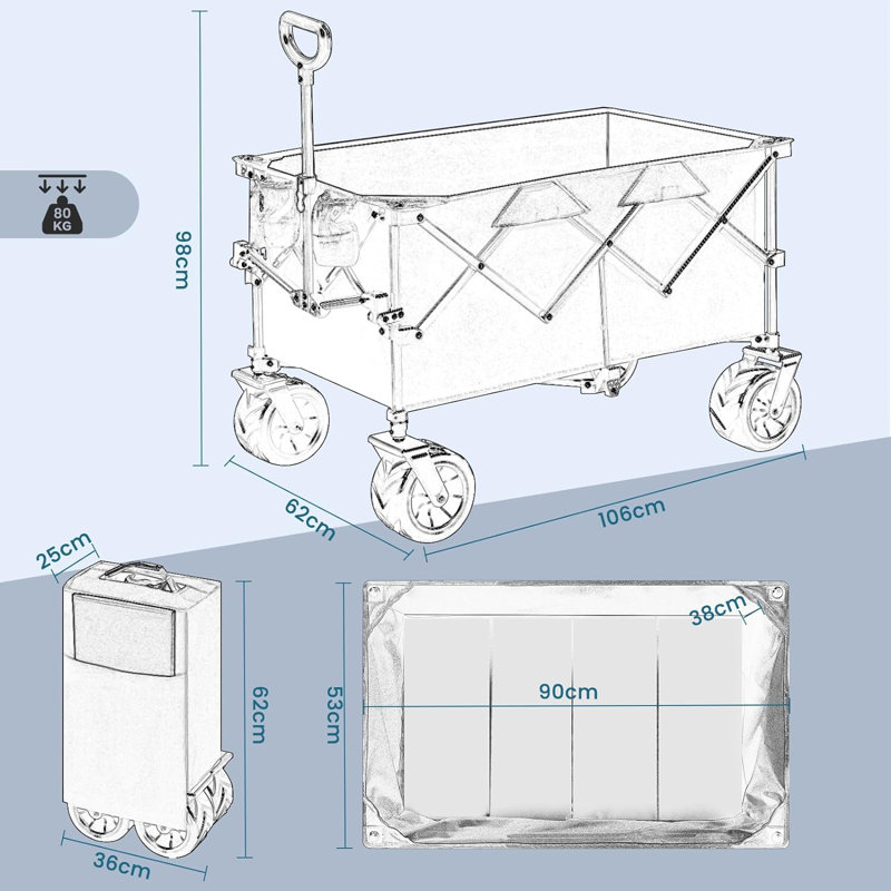 Cheswick Metal Oxford Fabric Garden Carts, Black/Blue, 106cm H x 62cm W x 100cm D