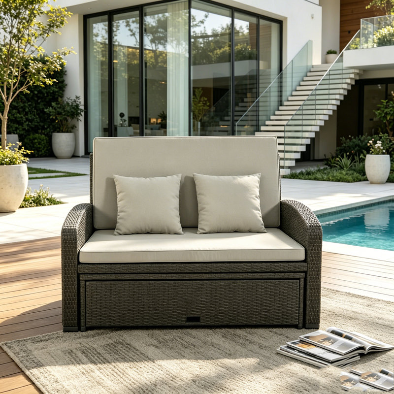 PE Wicker Rattan Double Chaise Lounge, 2-Person Reclining Daybed with Adjustable Back and Cushions, Gray
