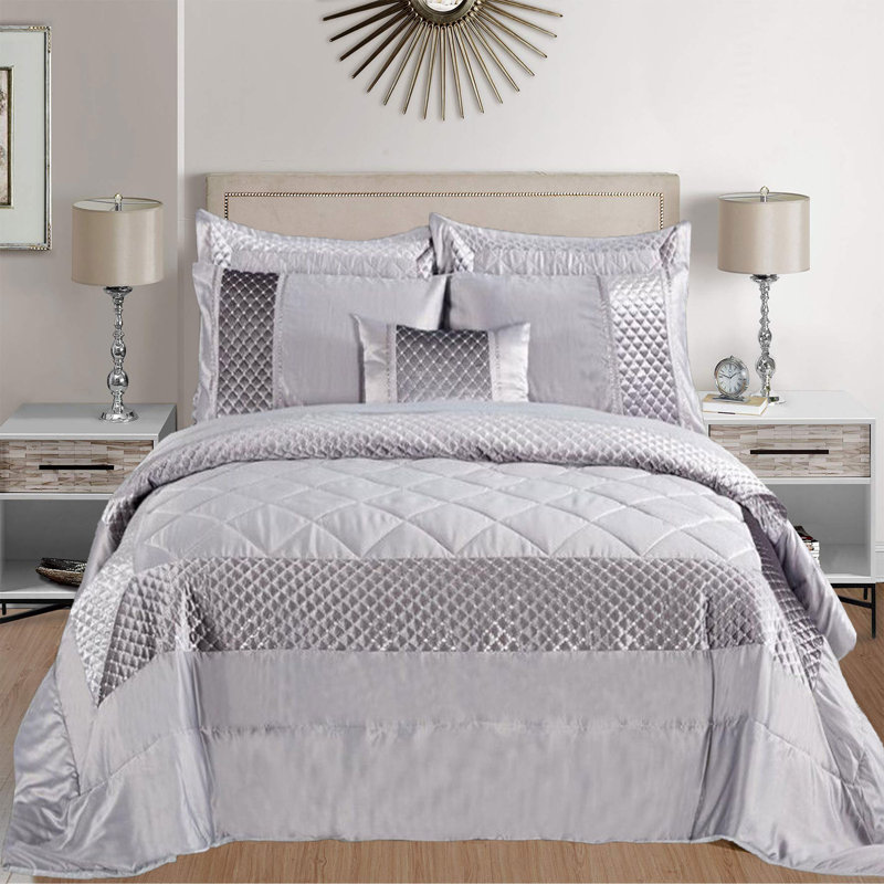 Atlanta Quilted Velvet Embossed Bedspread Set with Matching Pillowcases – Soft, Luxurious & Machine Washable Bedding, Silver