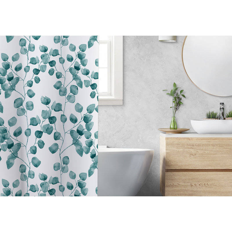 Rideau de douche tissé imprimé feuilles turquoise