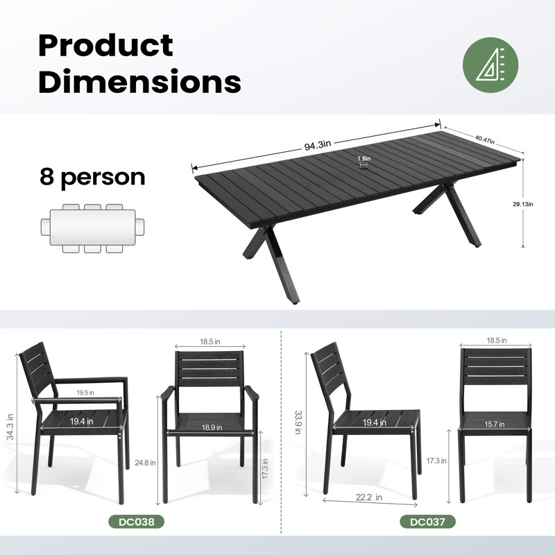 8 - Person Outdoor Patio Dining Set with Aluminum Frame, Umbrella Hole, Stacking Armless and Armed Chairs, Black