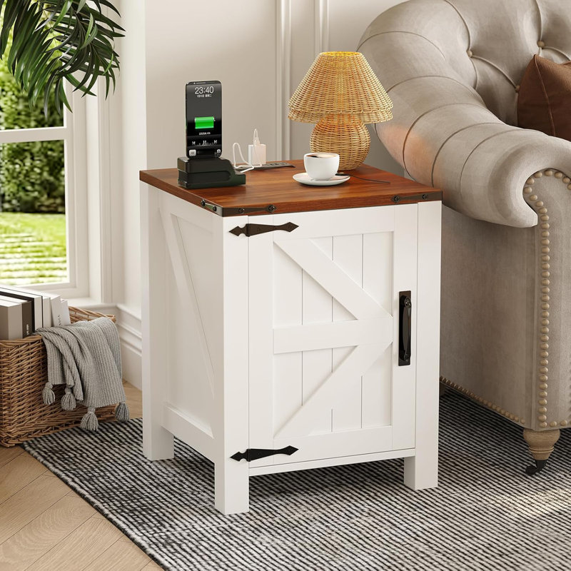 Table de chevet avec station de charge USB - Table de bout rustique 18 po avec porte de grange coulissante, tablette réglable, rangement à deux niveaux - Chambre / salon