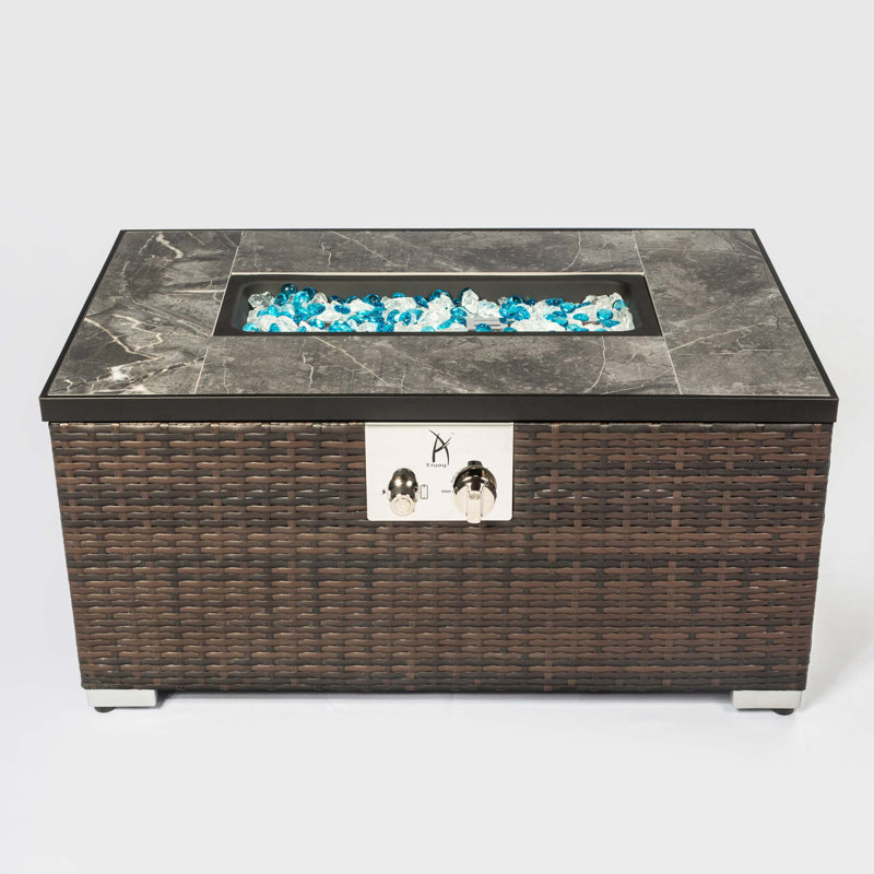 Brown Rattan Gas Fire Pit Table with Ceramic Tile Top