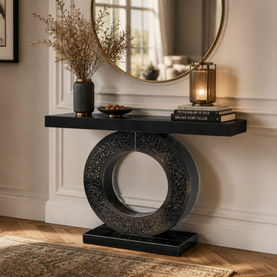 O Shaped Mirrored Console Table with Crystal Entryway Table for Living Room, Foyer, Hallway Entry Home Decor(Black)