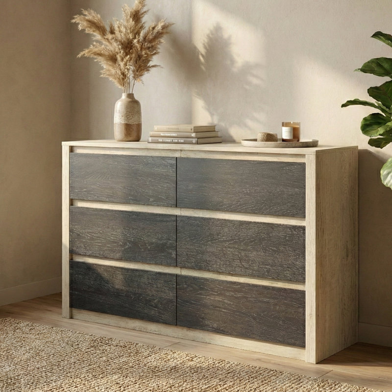 Farmhouse 6 Drawer Dresser for Bedroom, Rustic Two Tone Oak