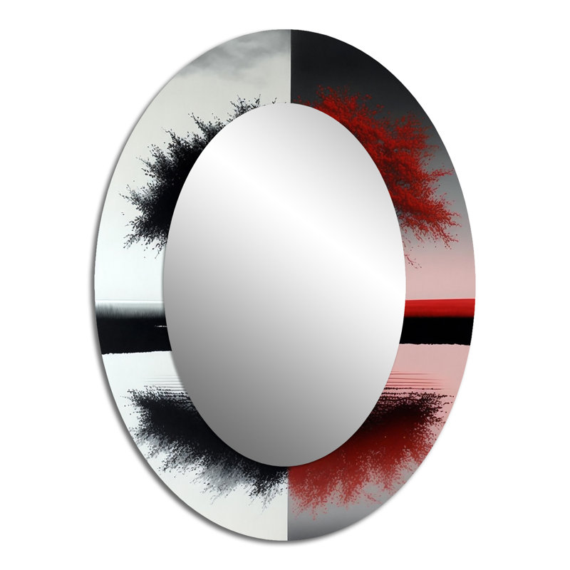 Red And Black Abstract Trees By The Lake - Yellow Traditional Oval Wall Mirror, 40" x 30"