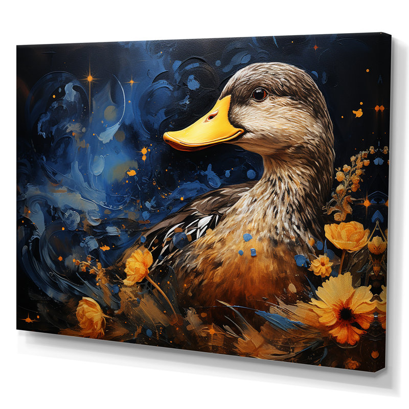 Canard bleu baroque élégance II - Canard, art mural, Toile tendue, L 24 po x H 32 po x P 1 po