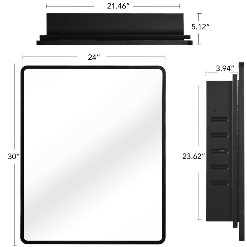 24X30 Inch Mirror Cabinet With Black Metal Frame - Bathroom Wall Mount Or Recessed 3 Adjustable Shelves, Tempered Glass Compartment Framed Wonder