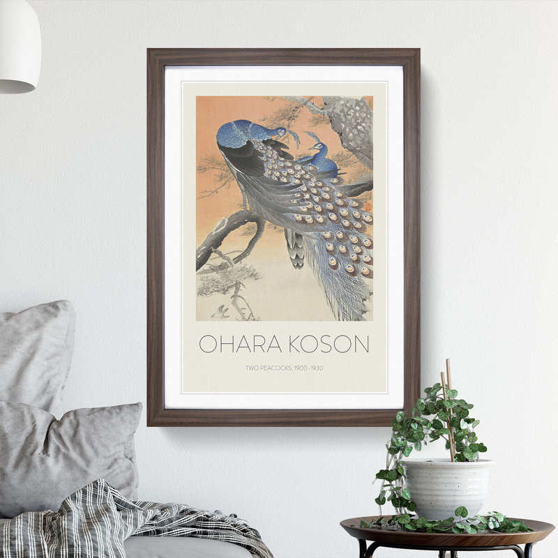 Two Peacocks by Ohara Koson - Picture Frame Art Prints, 65cm H x 48cm W x 2cm D, Walnut