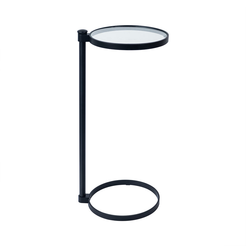 Alto C Shaped Martini Drink Round Table Black Metal Base Tempered Glass Top, Black