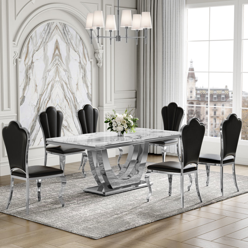 Ensemble de table de salle à manger 7 pièces, panneau de fibres à densité moyenne avec placage de marbre et 6 chaises en similicuir - Mobilier de salle à manger moderne