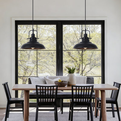 2 - Light 12" Black Industrial  Pendant Lights for Barn Dining Room Hallway Foyer