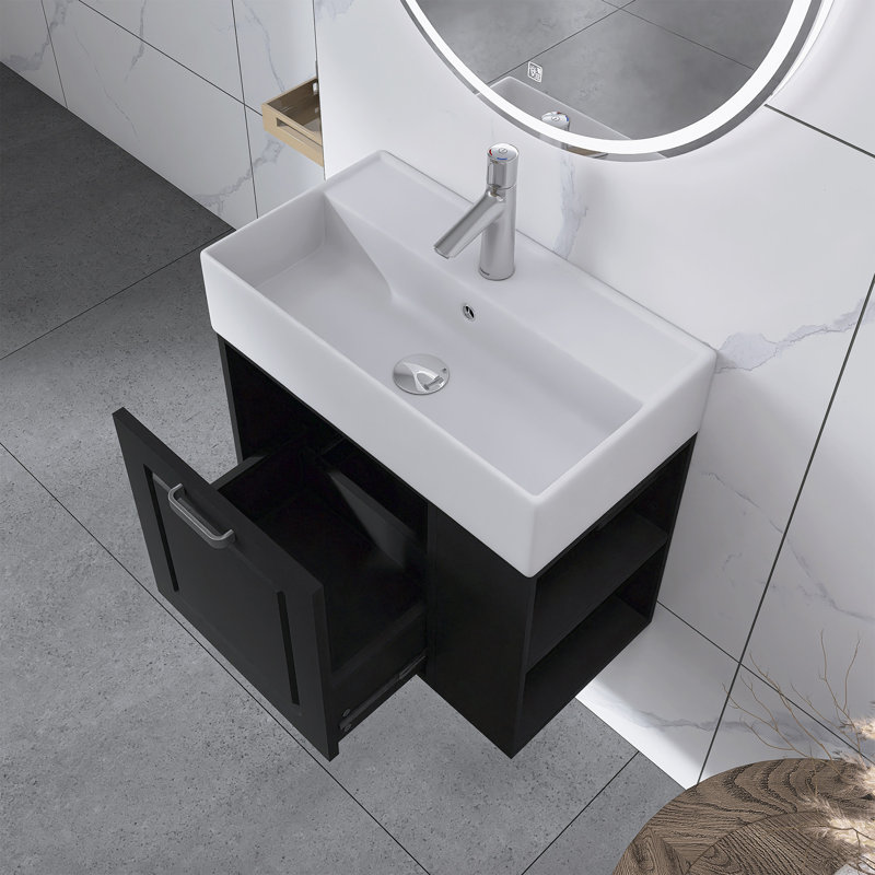 Meuble-lavabo flottant mural 21,8 po avec lavabo, Noir